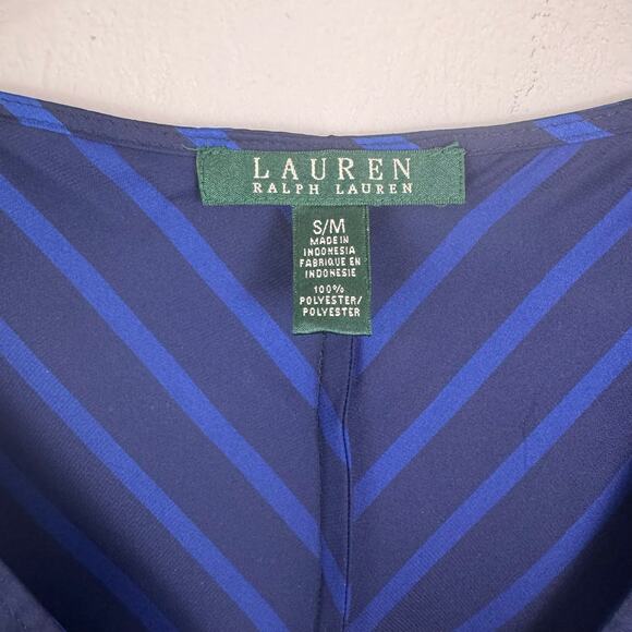 Lauren Ralph Lauren S/M Blue Stripe Kimono Sleeve Drawstring Satin Tunic Blouse - Picture 8 of 9